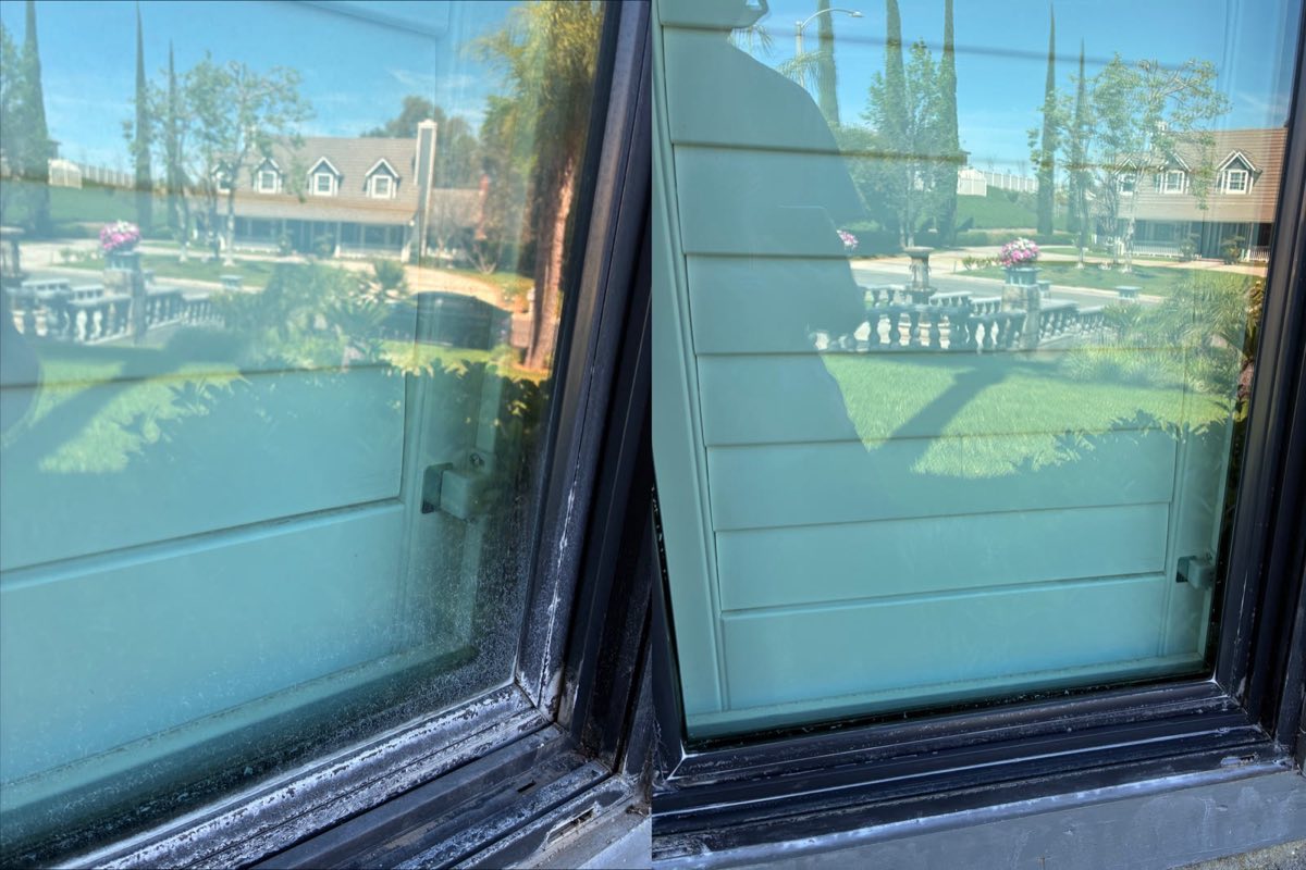 Before and after hard-water removal on a window