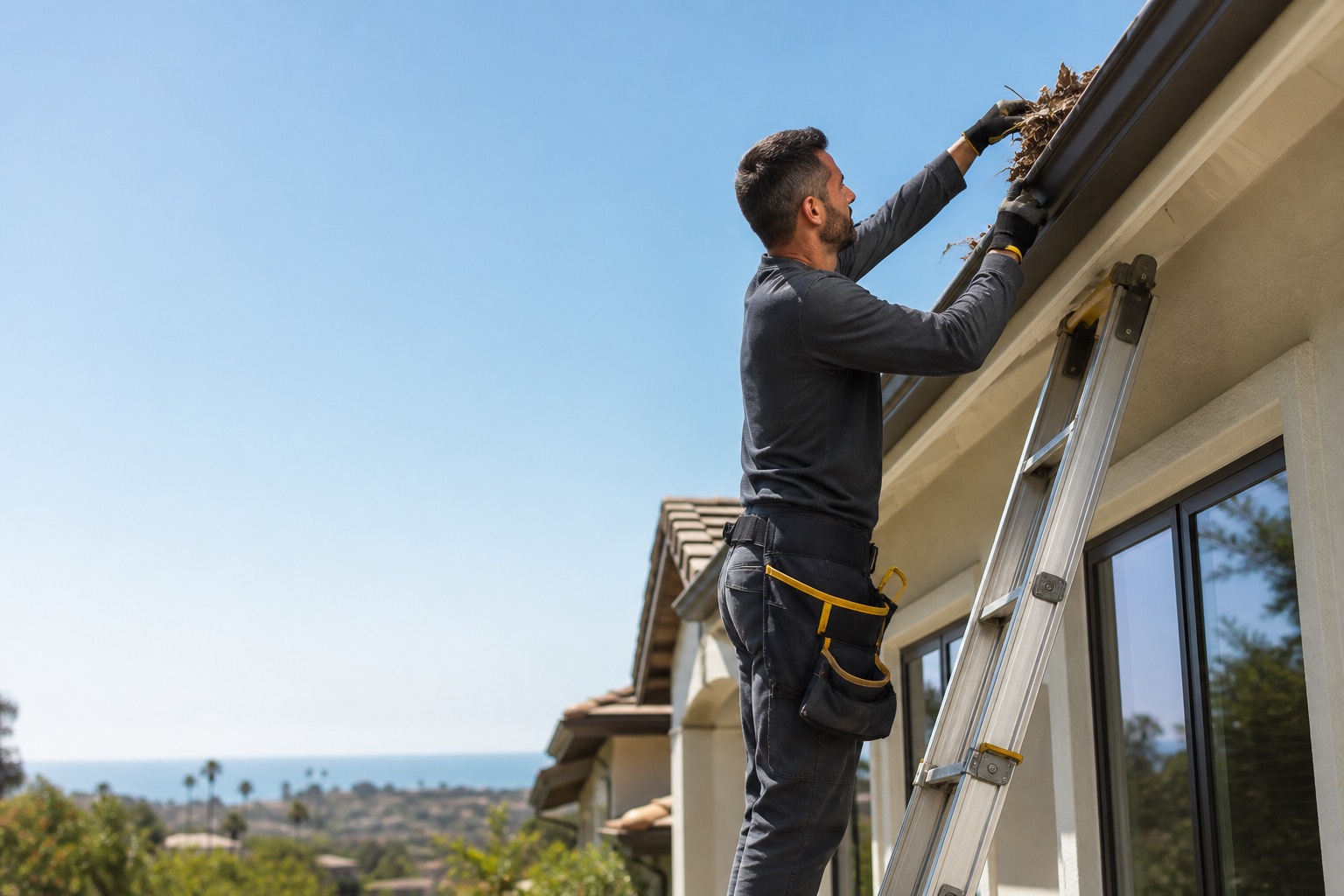 Professional gutter cleaning on a Southern California home