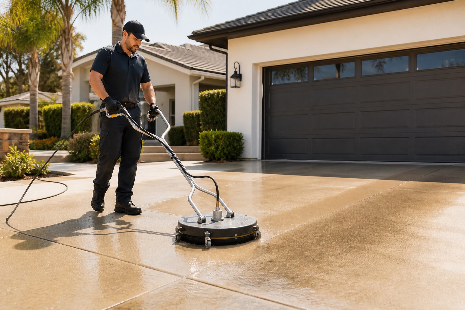 Professional pressure washing on a residential concrete driveway